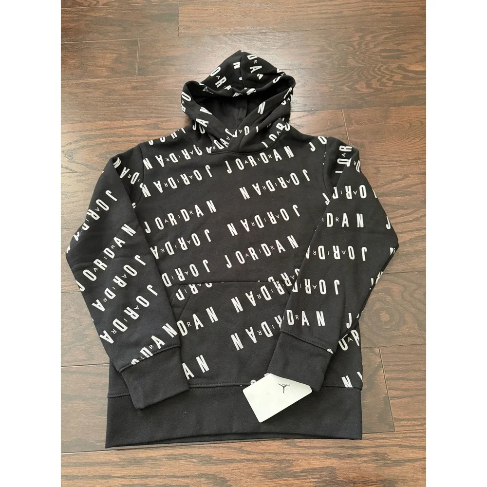 Jordan Boys All Over Print Pullover Hoodie Black White 95C184-023 Size M 10-12Y